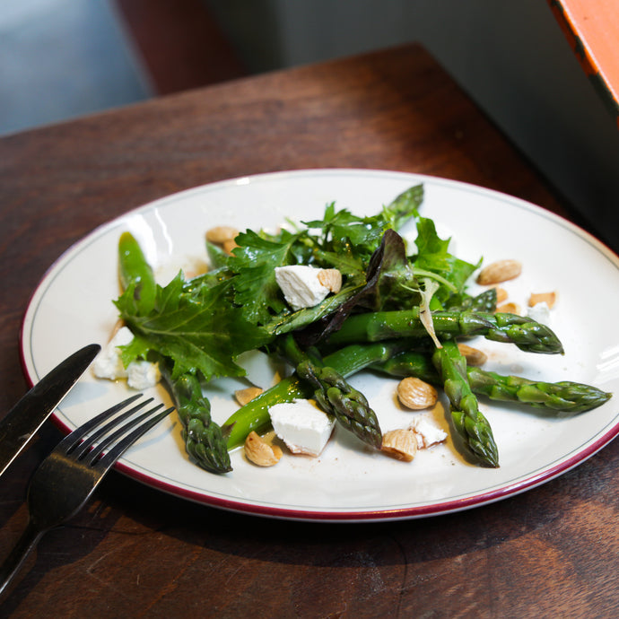 Asparagus Salad with Sheep’s Milk Cheese, Roasted Almonds & Herbs